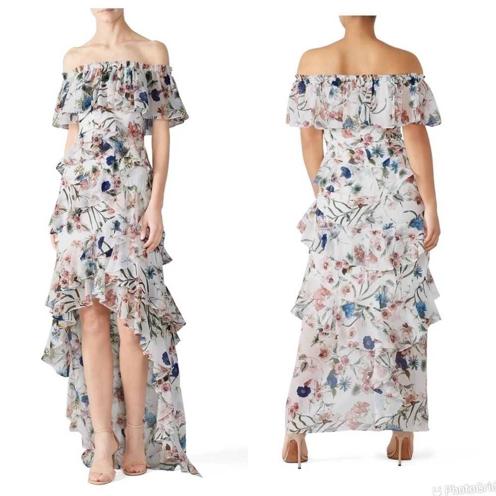 Badgley Mischka White Floral High Low Maxi